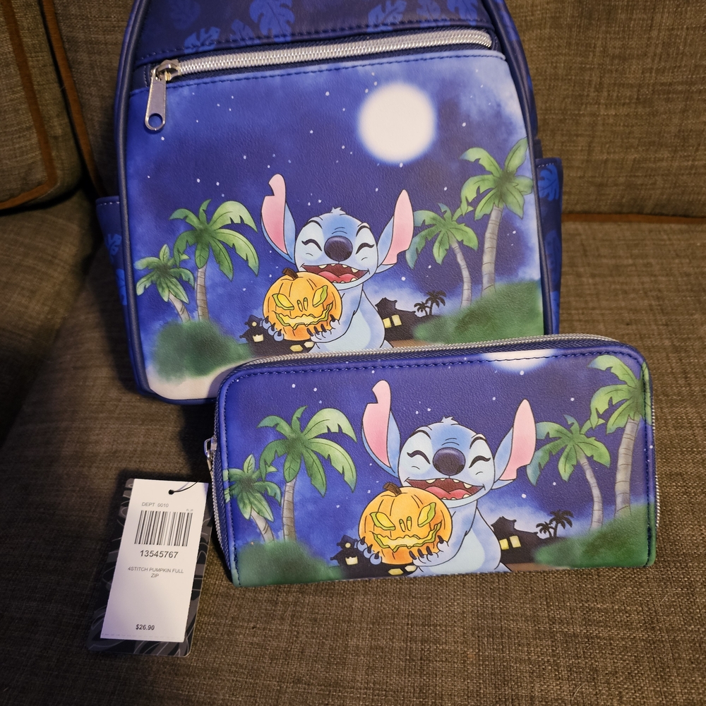 Disney Blue and Green Stitch Halloween Backpack and Wallet